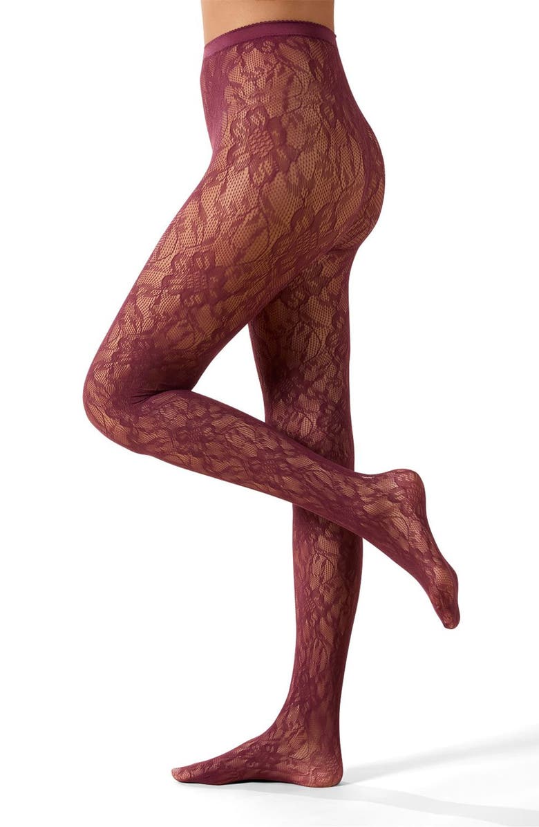 MeMoi Blooming Floral Net Tights, Alternate, color, Burgundy