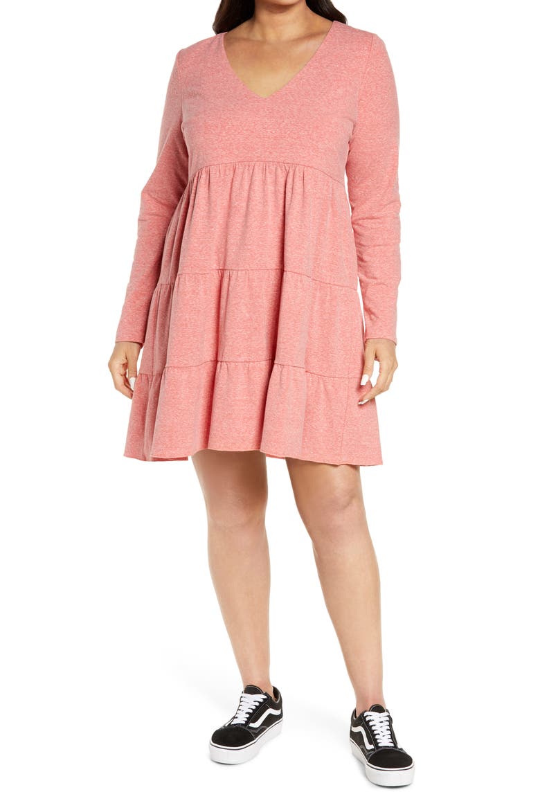 Tiered Long Sleeve Knit Dress, Main, color, RED POINSETTIA