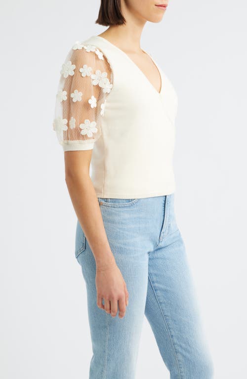 Bobeau Floral Appliqué Short Sleeve Surplice Sweater In White