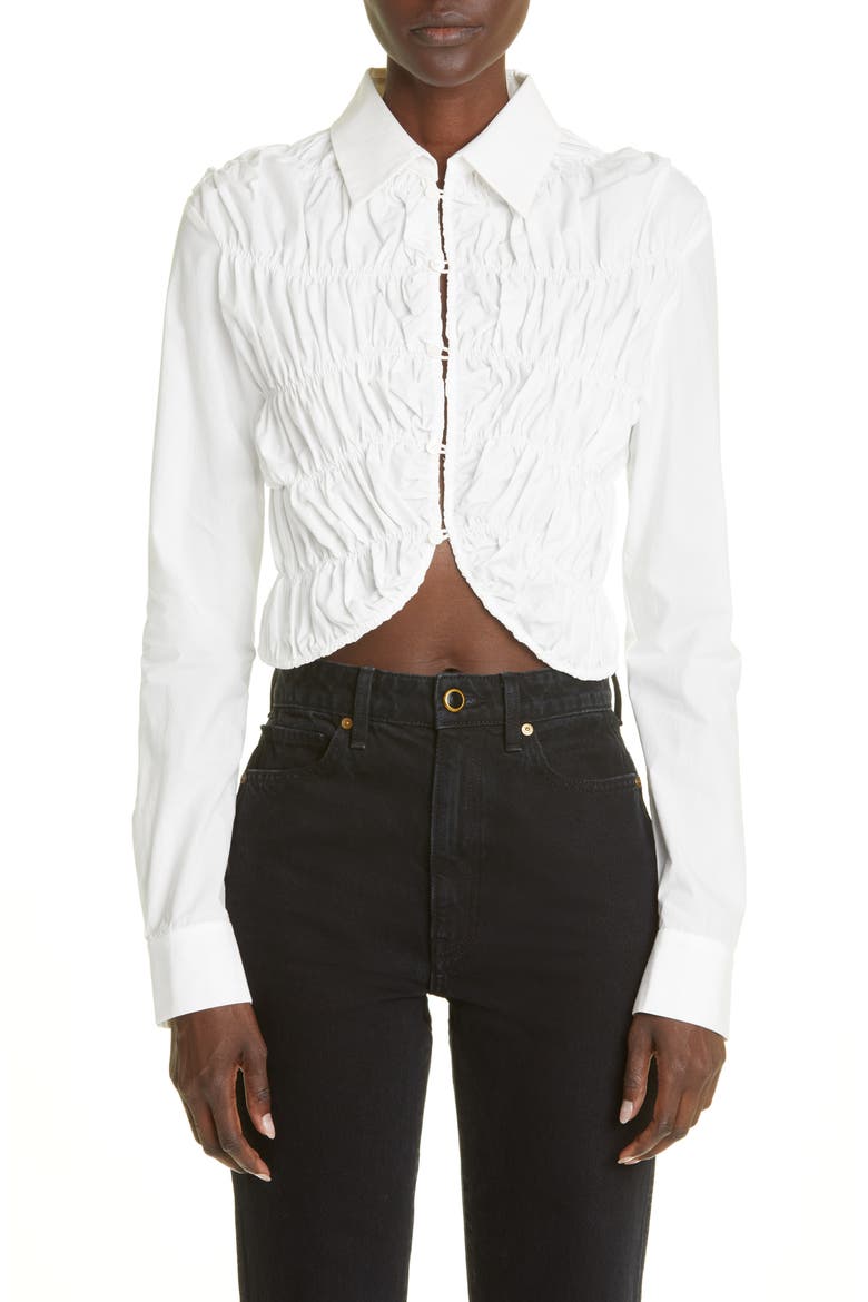 The Brena Shirred Cotton Poplin Crop Top, Main, color, WHITE