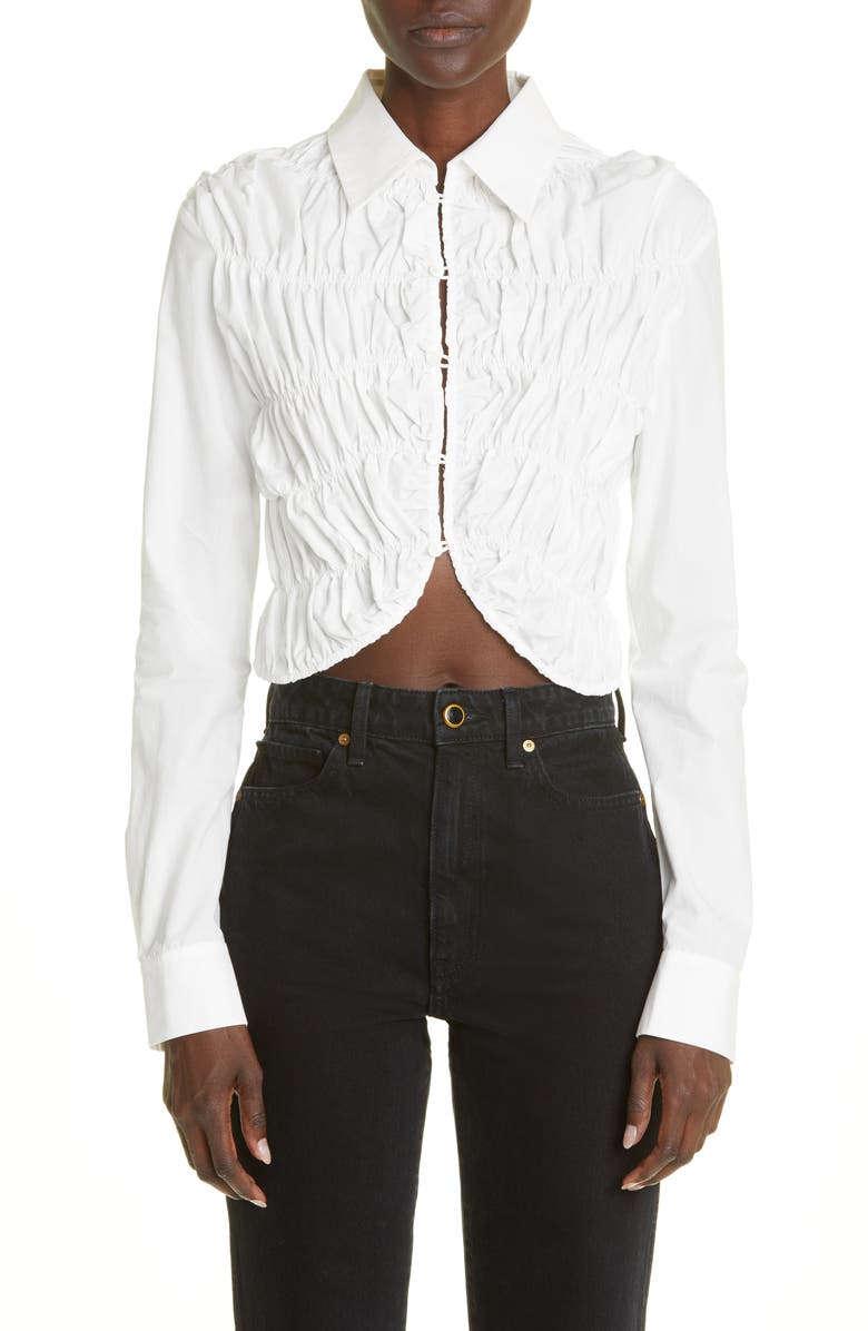 Khaite The Brena Shirred Cotton Poplin Crop Top, Main, color, 