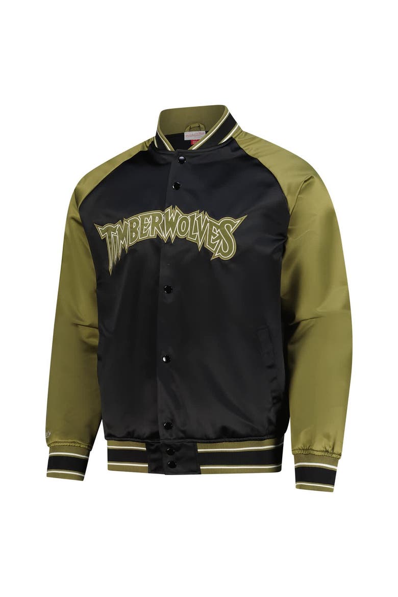 Men's Mitchell & Ness Olive/Black Minnesota Timberwolves Clutch Satin Raglan Full-Snap Jacket, Alternate, color, Olive