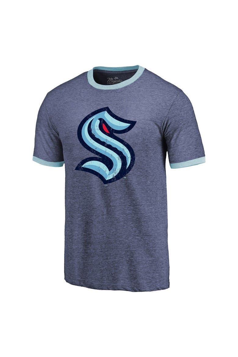 Men's Majestic Threads Heathered Deep Sea Blue Seattle Kraken Ringer Contrast Tri-Blend T-Shirt, Alternate, color, Navy