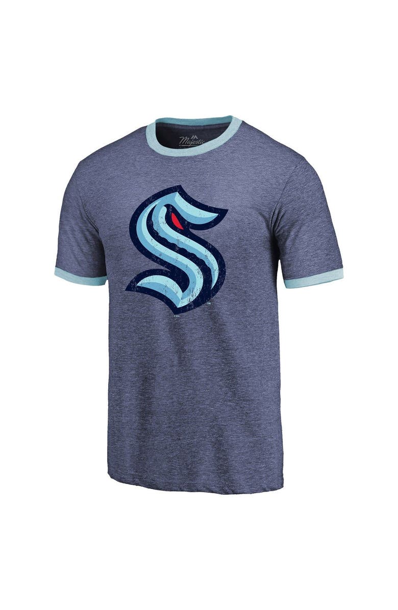 Majestic Threads Men's Majestic Threads Heathered Deep Sea Blue Seattle Kraken Ringer Contrast Tri-Blend T-Shirt, Alternate, color, Navy