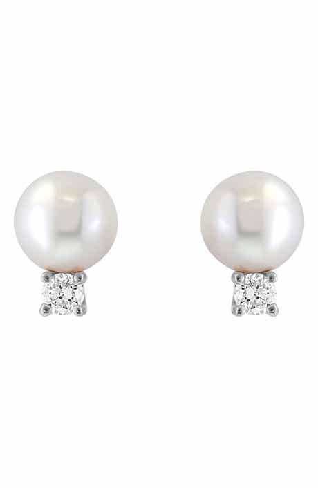 14k White Gold Diamond and Pearl Stud Earrings