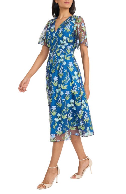Maggy London Embroidered Flutter Sleeve Dress In Blue/green