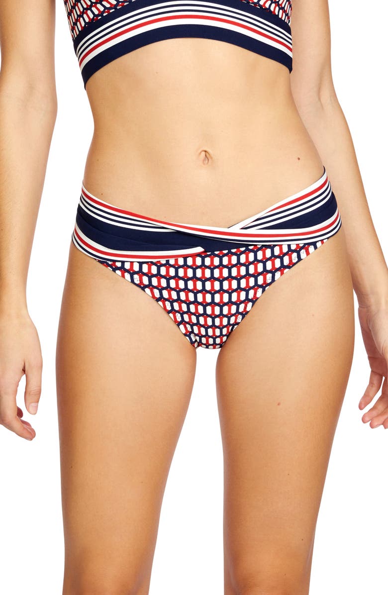Robin Piccone Simone Twist Hipster Bikini Bottoms, Main, color, Navy/ Red