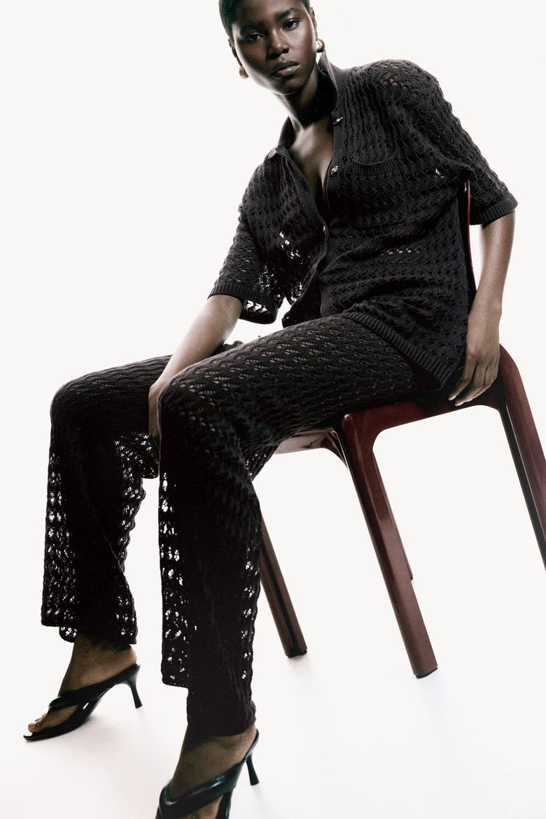 Crochet-look Cotton Trousers, Alternate, color, Dark brown