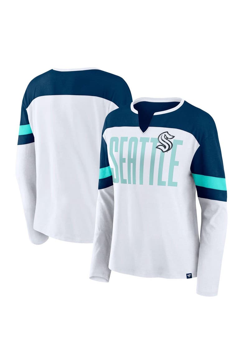 Women's Fanatics White/Deep Sea Blue Seattle Kraken Frozen Long Sleeve Notch Neck T-Shirt, Main, color, White