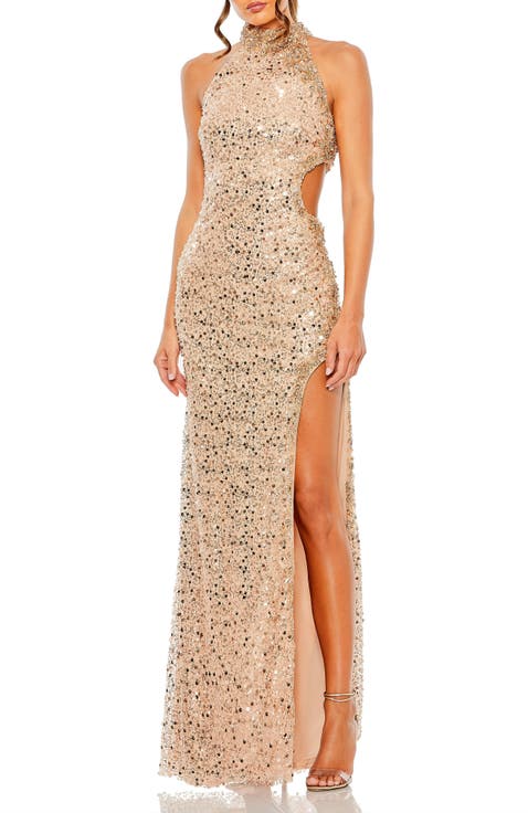 Sleeveless High Neck Side Cut Out Sequin Gown