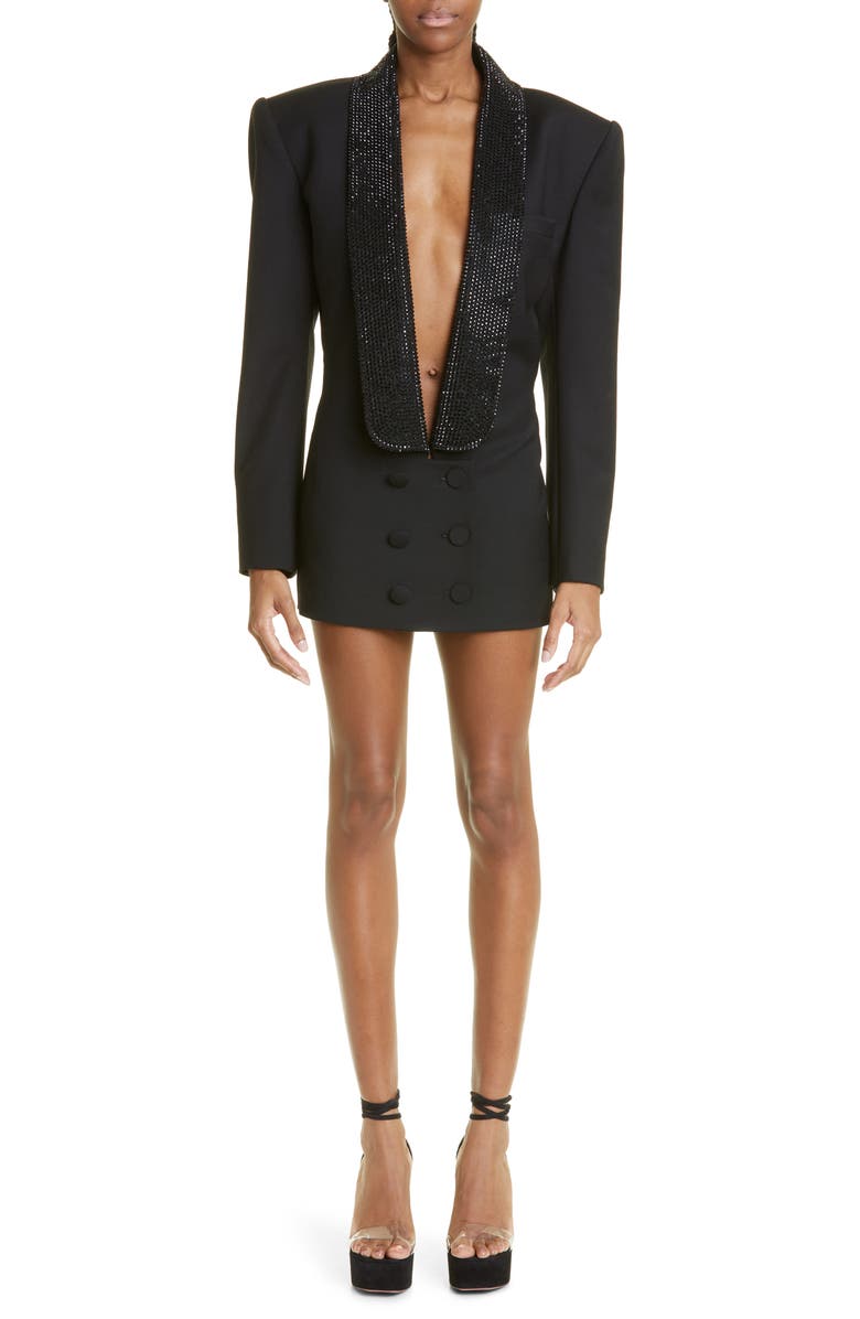 Area Crystal Embellished Stretch Wool Tuxedo Minidress, Main, color,