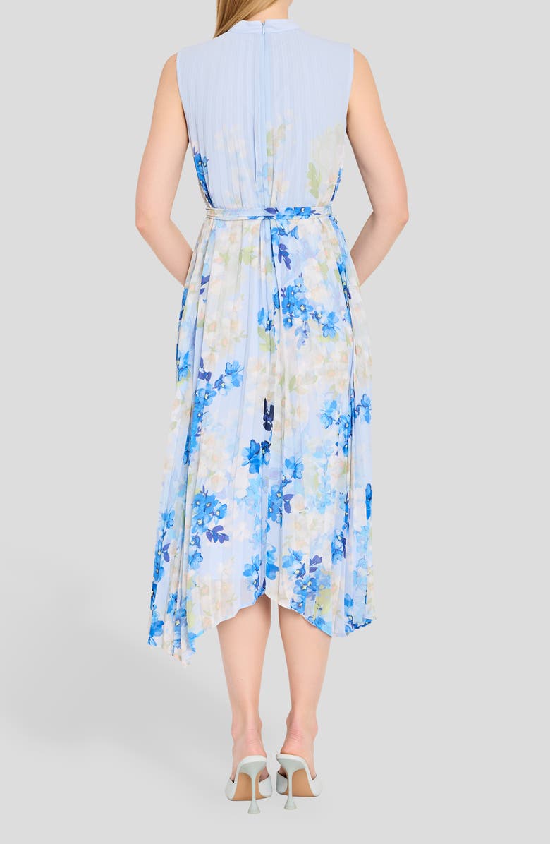 Tahari ASL Border Print Pleated Tie Waist Midi Dress, Alternate, color, Ivory Blue Floral