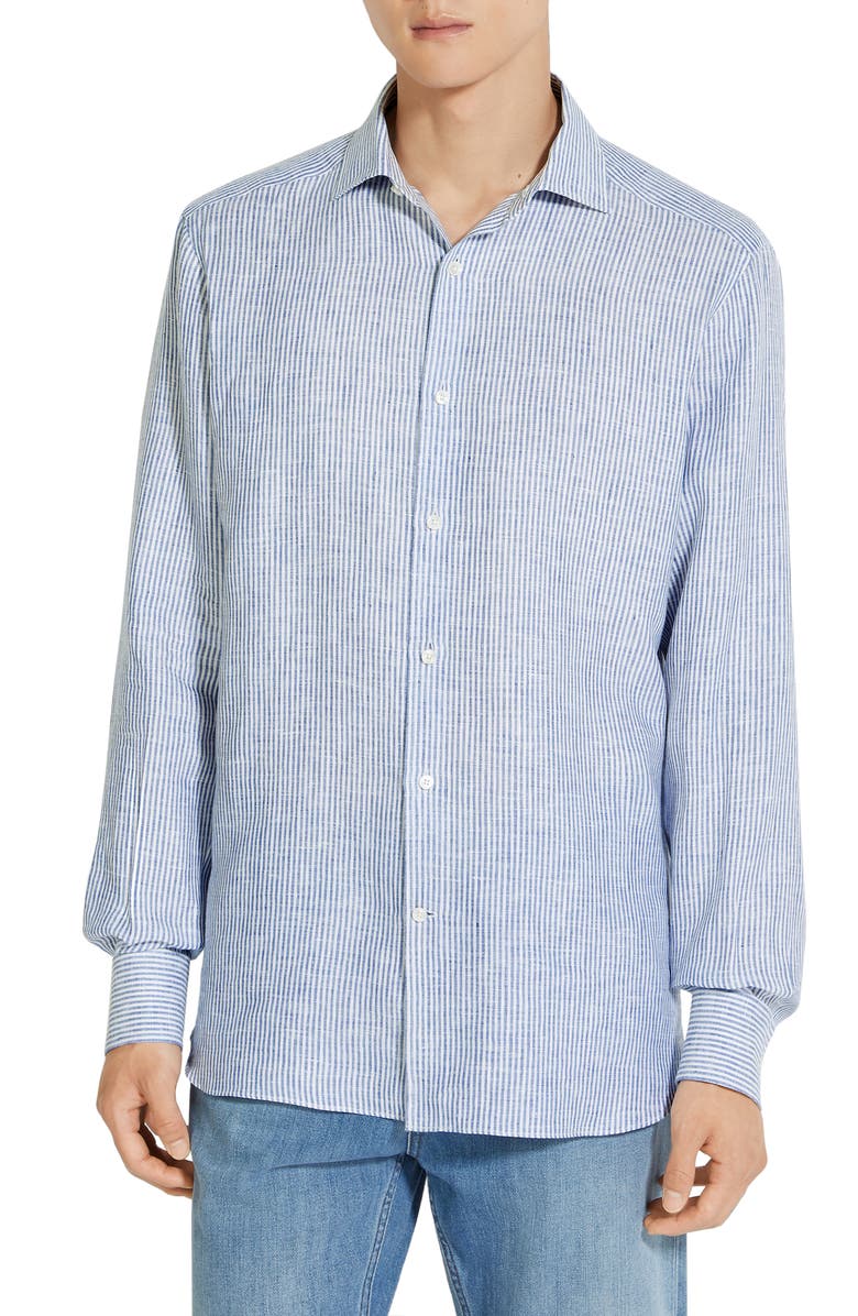 ZEGNA Stripe Oasi Linen Button-Up Shirt, Main, color, Dark Blue