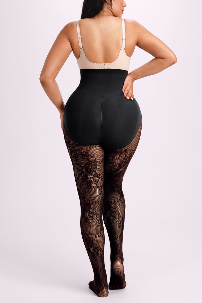 High Waist Floral Lace Tummy Smoothing Sheer Shaping Tights, Alternate, color, Black