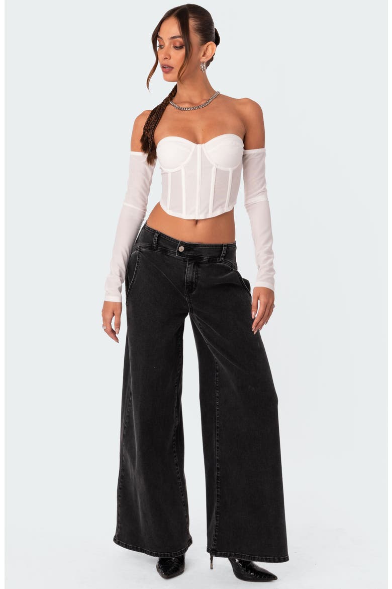 Cella Mesh Corset Crop Top with Long Sleeves, Alternate, color, WHITE