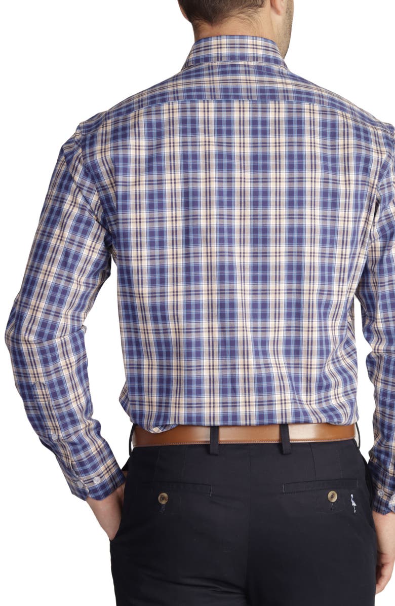 TailorByrd Navy Khaki Plaid Long Sleeve Cotton Stretch Button Down Shirt, Alternate, color, Blue/ Khaki