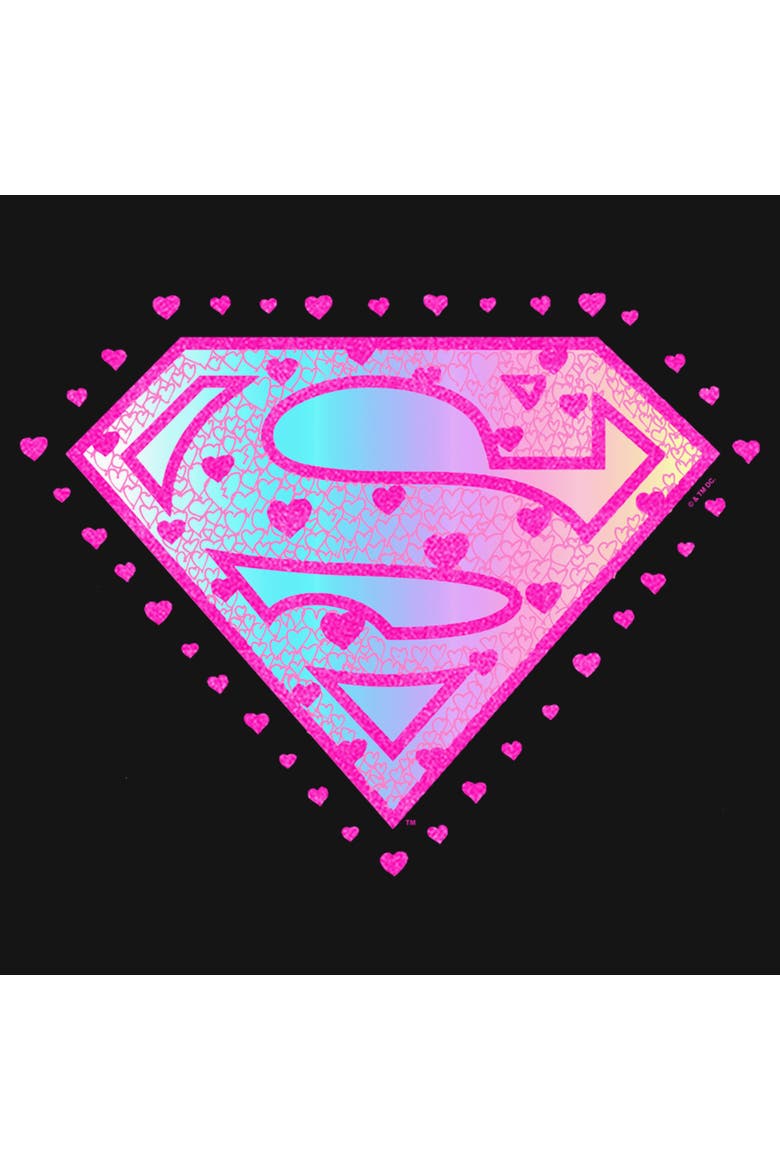 Junior's Supergirl Pink Hearts Logo  Sweatshirt, Alternate, color, Black
