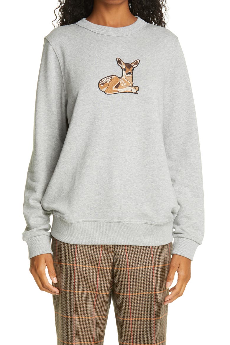 Deer Appliqué Stretch Cotton Sweatshirt, Main, color, PALE GREY MELANGE