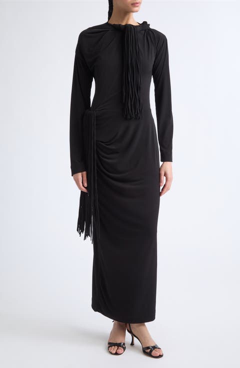 Garland Long Sleeve Fringed Jersey Maxi Dress