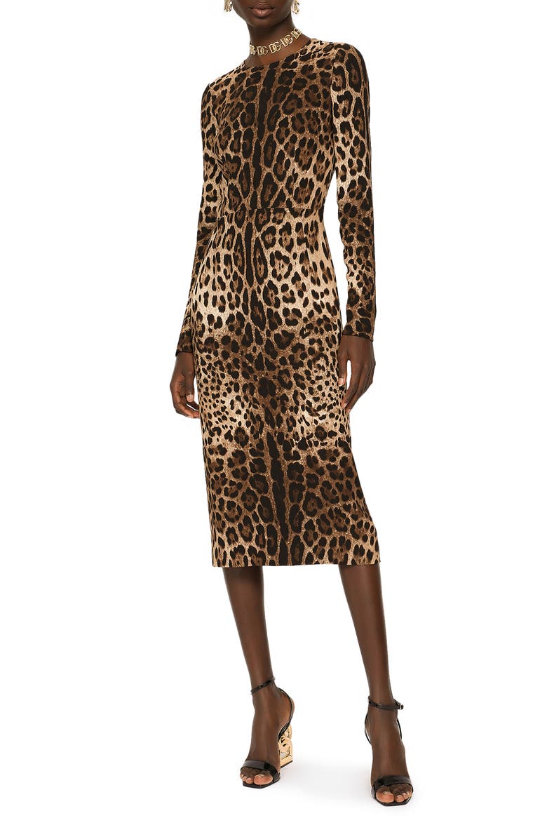 Dolce&Gabbana Leopard Print Long Sleeve Sheath Dress, Main, color, Light Brown