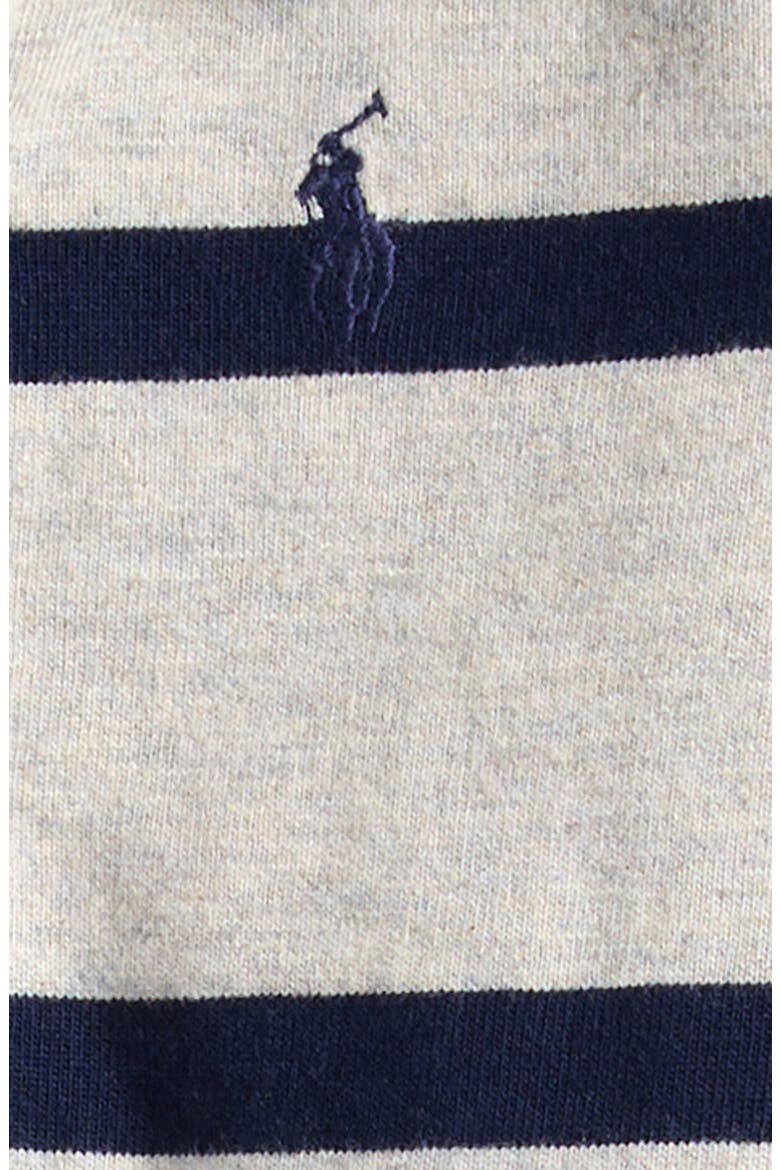 Rugby Stripe Cotton Interlock Polo Romper, Alternate, color, LIGHT SPORT HEATHER MULTI