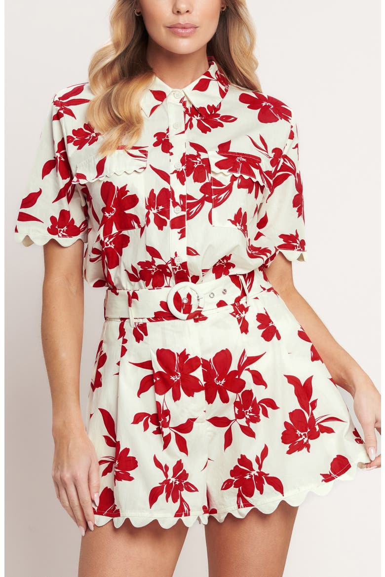 Floral Belted Cotton Shorts, Alternate, color, OFF WHITE/ RED