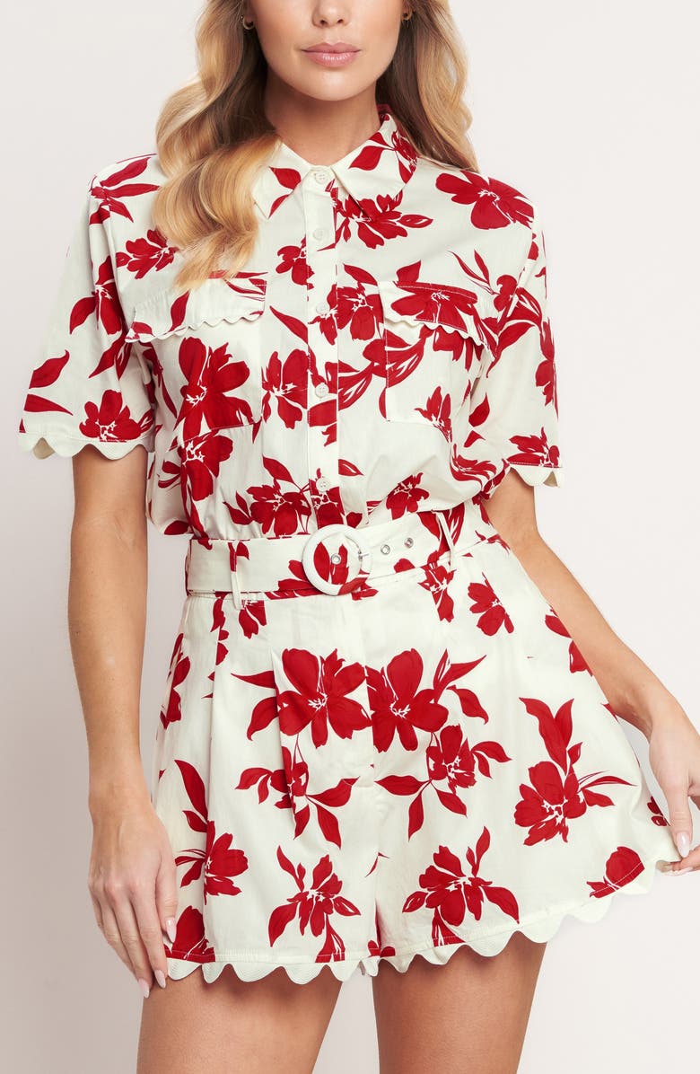 FLYING TOMATO Floral Belted Cotton Shorts, Alternate, color, Off White/ Red