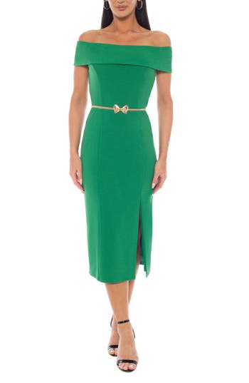 Marina Off The Shoulder Scuba Midi Dress In Green