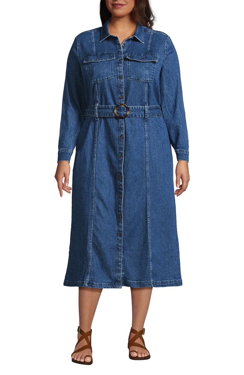Lands' End Plus Size Soft Denim Midi Shirt Dress, Main, color,