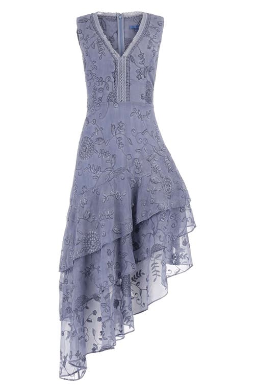 Guess Loren Floral Embroidered Sleeveless Tiered Asymmetric Dress In Blue