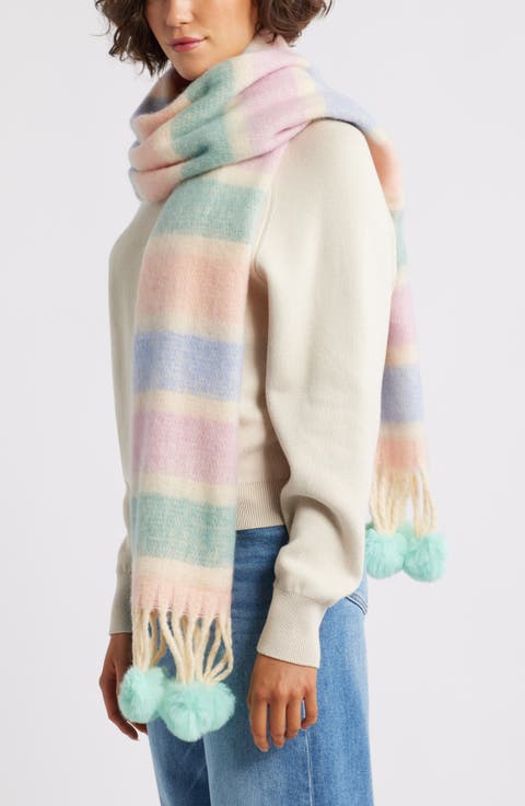 Pastel Stripe Scarf with Faux Fur Pom Fringe