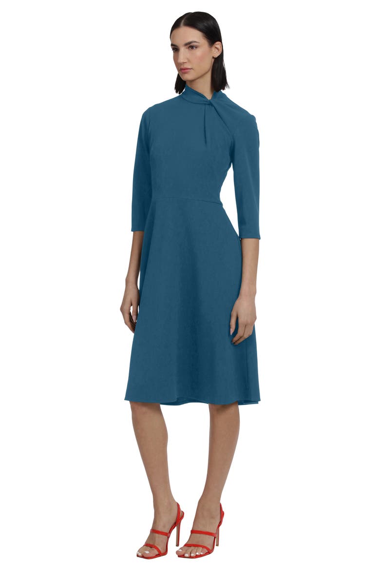 Twist Collar Fit & Flare Dress, Alternate, color, DEEP LAGOON