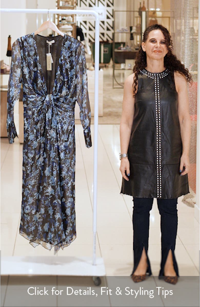 Tatia Plunge Neck Asymmetric Hem Metallic Silk Dress, sales video thumbnail