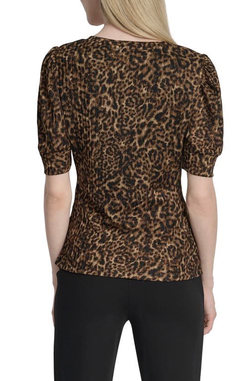 Dkny Print Ruched Puff Sleeve Top In Brown