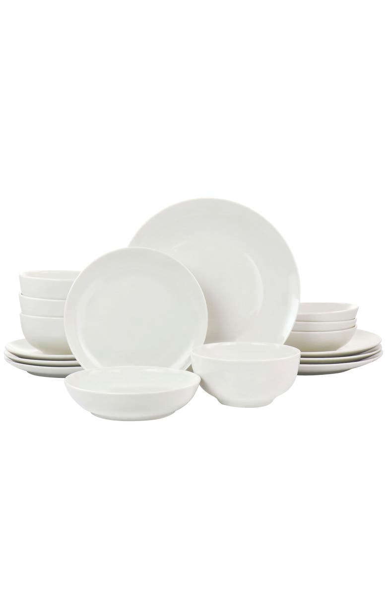 Elama Camellia 16 Piece Porcelain Double Bowl Dinnerware Set, Main, color, White