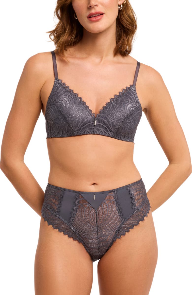 Montelle Intimates Nights Out Metallic Eyelash Lace Trim Wireless Bra, Alternate, color, Magnet/Silver