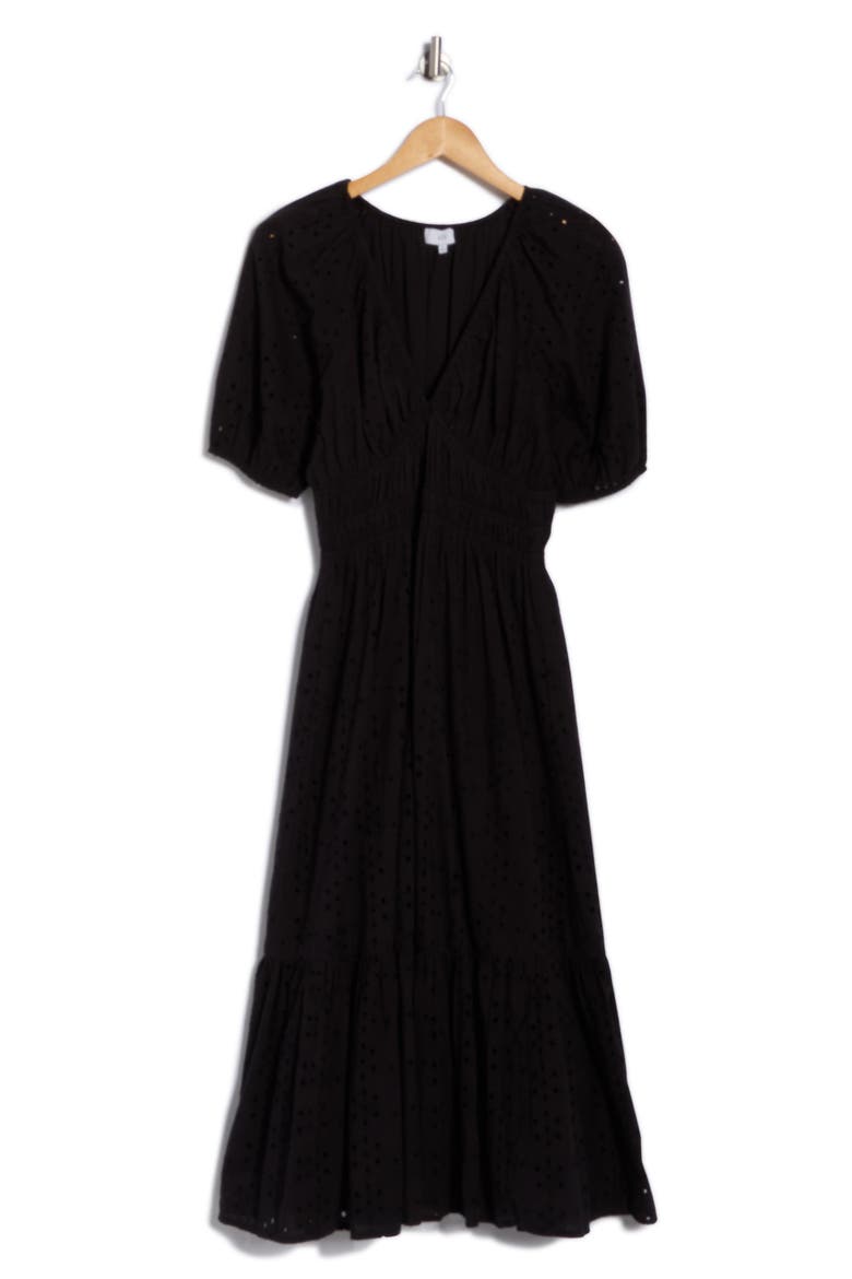 Eyelet Shirred Midi Dress, Alternate, color, BLACK