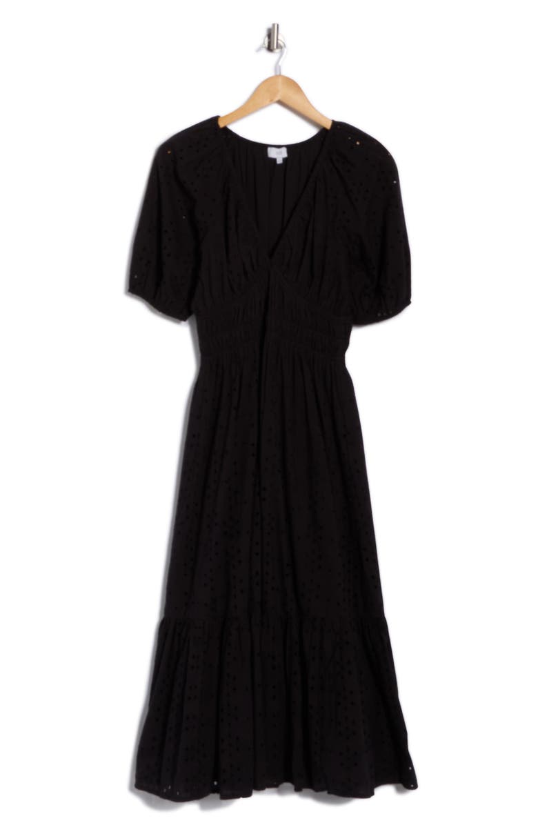 NSR Eyelet Shirred Midi Dress, Alternate, color, Black