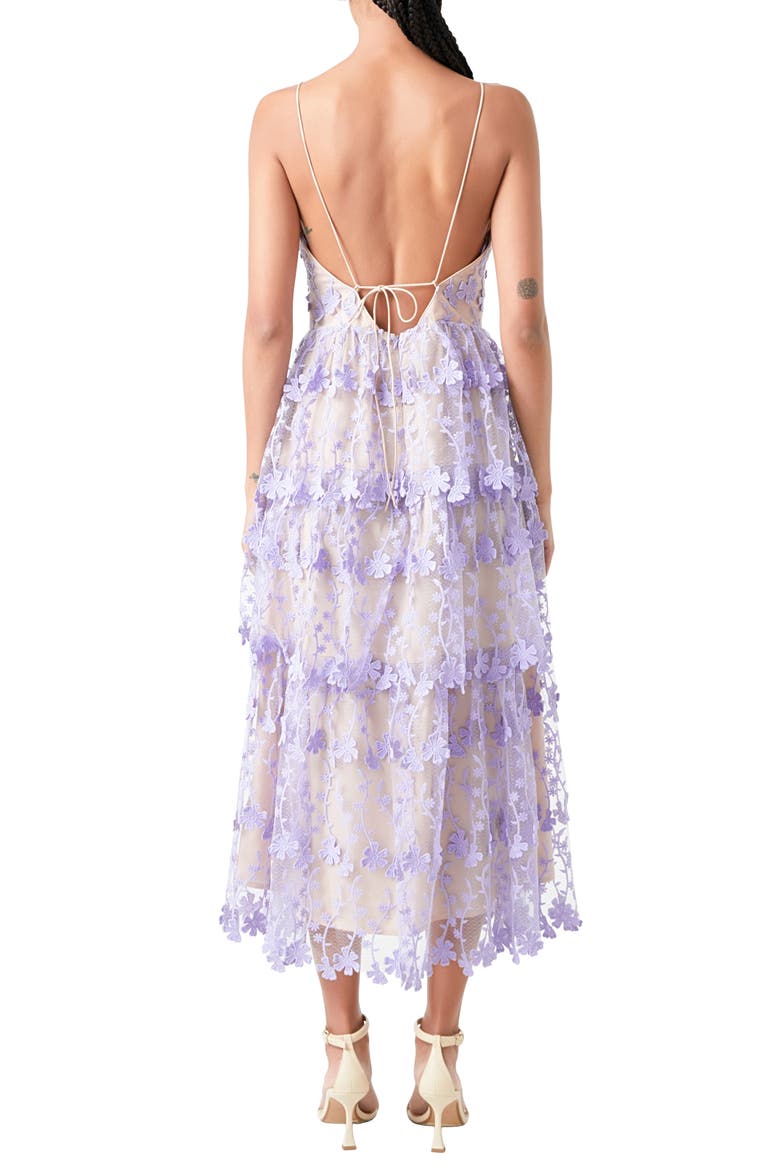 Floral Embroidered Tiered Lace Midi Dress, Alternate, color, LILAC
