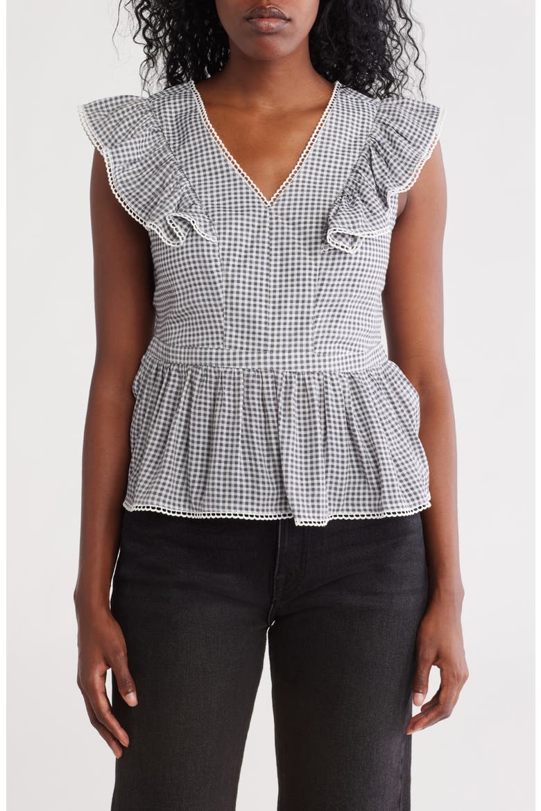 V-Neck Flutter Sleeve Peplum Top, Main, color, BLACK/ WHITE