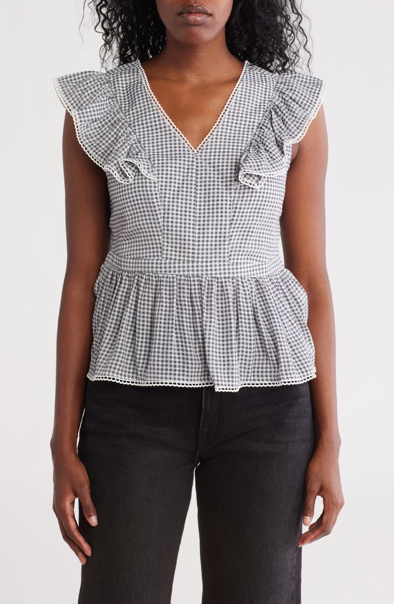 Nanette Lepore V-Neck Flutter Sleeve Peplum Top, Main, color, Black/ White