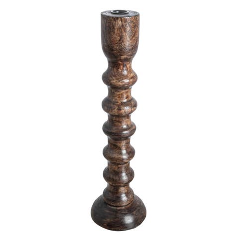 Hand Carved Wood Taper Candle Holder, Brown