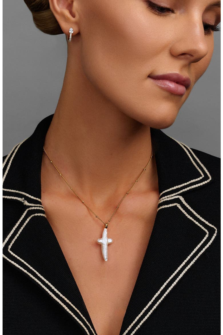 Pearl Cross Chain Necklace, Alternate, color, Natural Pearl