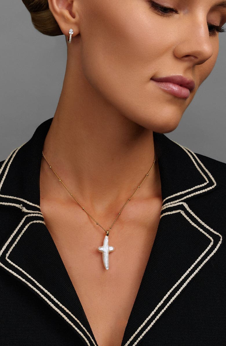 Nialaya Pearl Cross Chain Necklace, Alternate, color, Natural Pearl