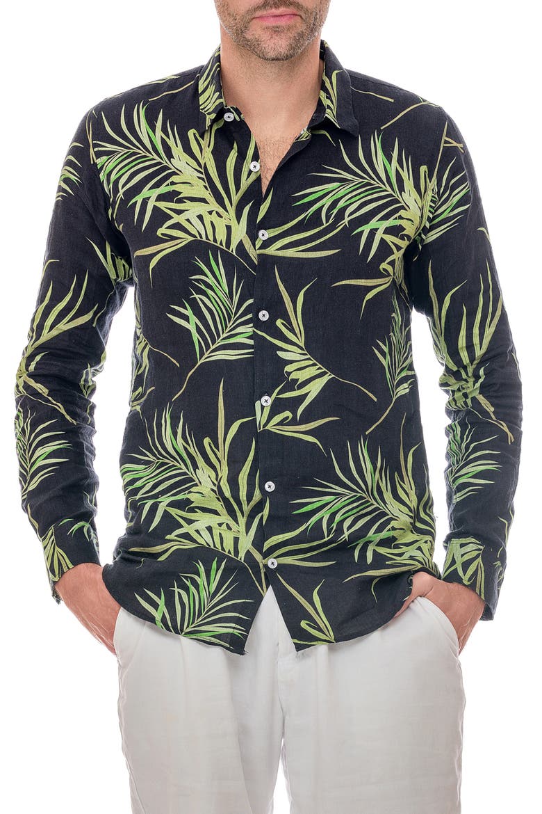 Linen Resort Button-Up Shirt, Main, color, BLACK