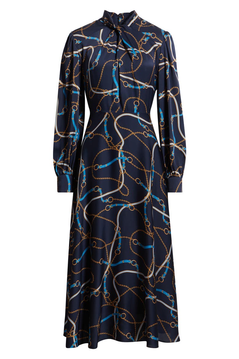 The Raquel Placed Floral Long Sleeve Silk Blend Dress, Alternate, color, DENIM CHAIN PRINT