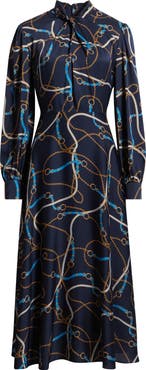 Elie Tahari The Raquel Placed Floral Long Sleeve Silk Blend Dress