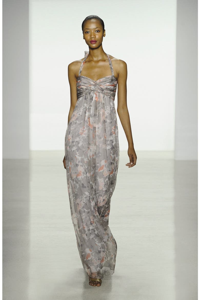 Print Crinkled Silk Chiffon Halter Gown, Alternate, color, SHELL