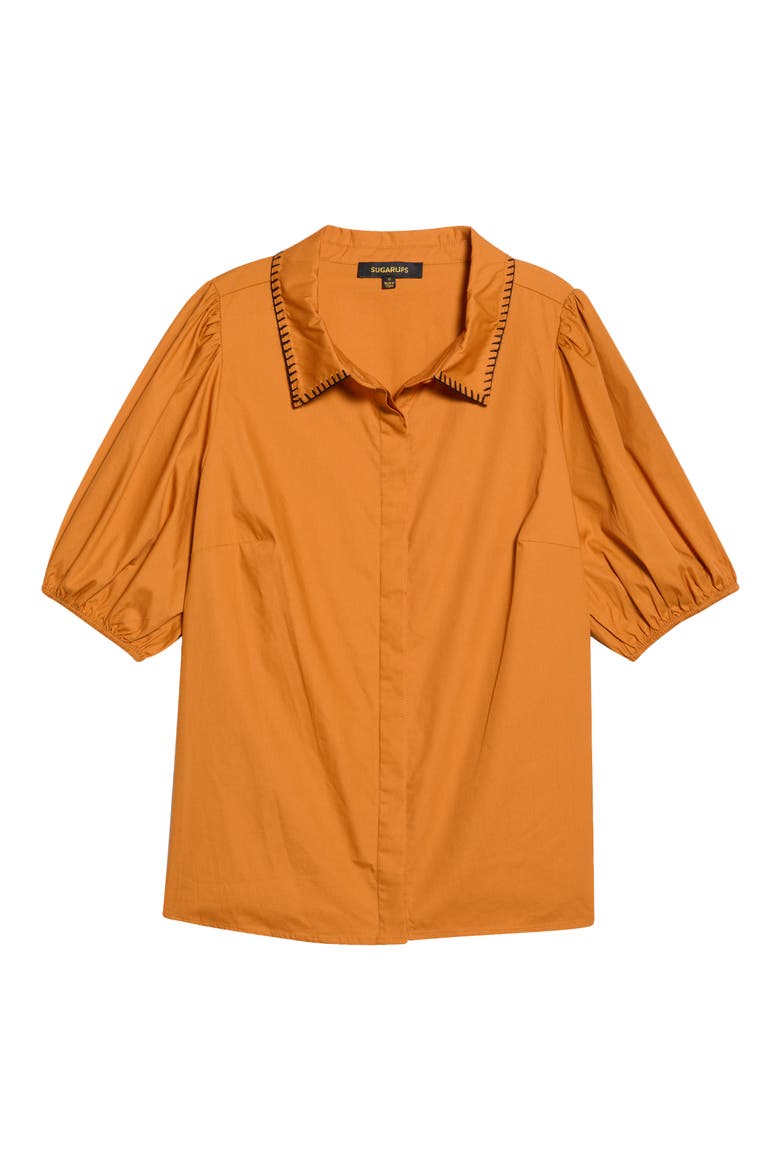 Blanket Stitch Collar Puff Sleeve Cotton Shirt, Main, color, RUST