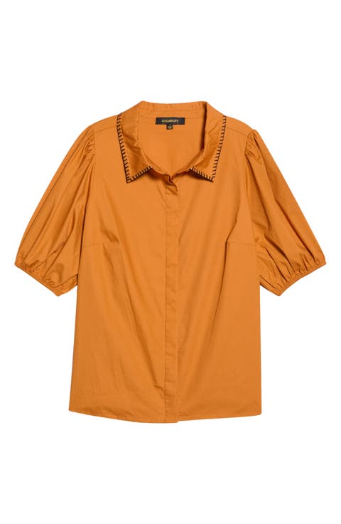 Blanket Stitch Collar Puff Sleeve Cotton Shirt